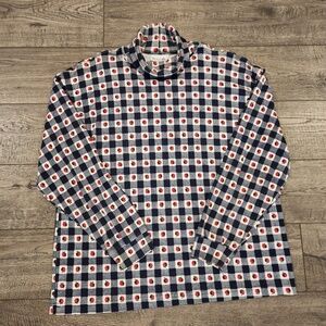VTG Willow Bay Red Apple Print Turtleneck Long Sleeve Top Navy Checkered Size XL